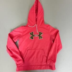 Under Armour ColdGear Pink Pullover Hoodie Large Camo Logo Semi Fitted